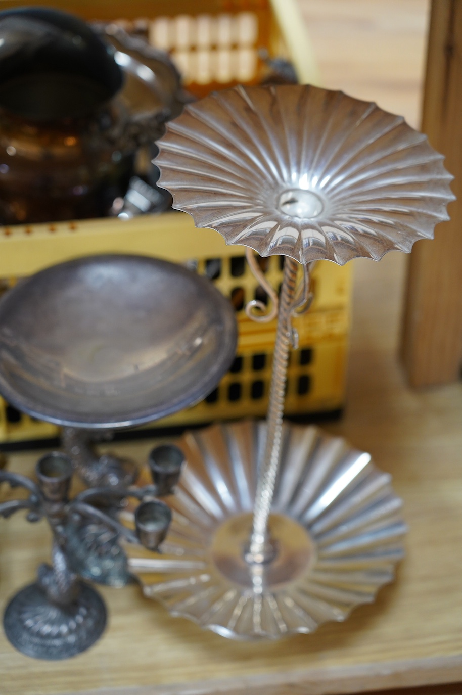 Two boxes of mixed plated wares; including stands, a jug, candlesticks, boxes, trays and teaware etc. Condition - fair to good